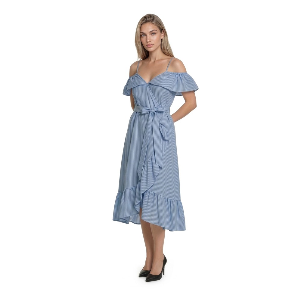 Jill Jill Stuart Dress Women's Size Large Blue White Striped Midi‎ Ruffle